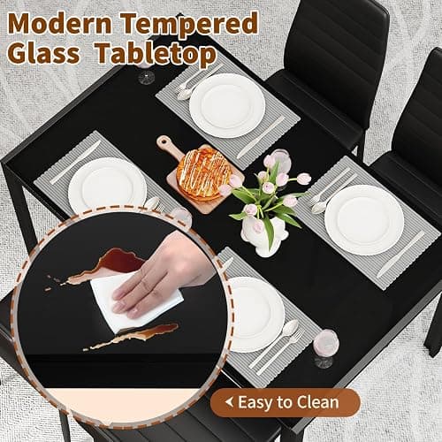 FDW | Dining Table Set for 4 | 5-Piece Glass Black Dining Table | Kitchen Table with 4 Upholstered Chairs and Faux Leather Cushions | Space-Saving and Modern Design | for Dining Room, Easy to Assemble thumbnail 5