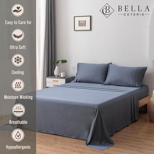 Bella Coterie Luxury Bamboo Viscose Cal King Size Sheet Set | 100% Organically Grown | Ultra Soft | Cooling for Hot Sleepers | 18" Deep Pocket [Slate Blue] thumbnail 2