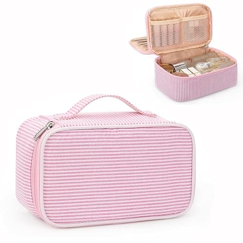 Relavel Cute Makeup Bag for Girls, Portable Pink Cosmetic Bag, Dual-layer Makeup Pouch with Brush Holder, Multi-Functional Preppy Toiletry Organizer for Travel, Daily Use - Pink Strip thumbnail 8