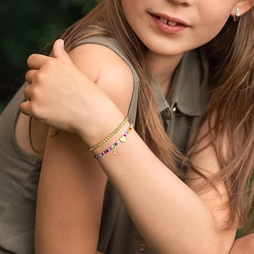 Ritach Colorful Initial Bracelets for Girls Women - 2PCS Real Gold Plated Stretchable Beaded Bracelets Boho Stackable Cute Heart Initial Bracelets for Girls Kids Teen Girl Gifts Birthday Gifts thumbnail 5