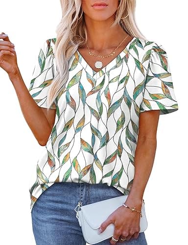 OFEEFAN T Shirts for Women V Neck Dressy Casual Blouses Puff Short Sleeve Summer Tops Loose Fit - Image 1