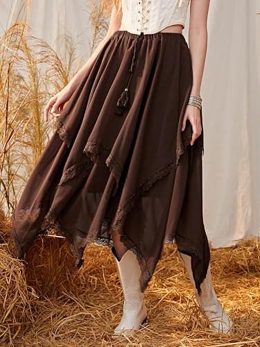Verdusa Women's Y2k Goth Skirts Western Boho Lace Trim Asymmetrical Country Flowy Long Skirt thumbnail 4