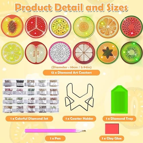 Billbotk 12 Pieces Diamond Art Painting Coasters Kit with Holder, Diamond Art Coasters, DIY Diamond Crafts Projects, Diamond Dot Kits for Adults and Beginners(Fruit Style) thumbnail 3