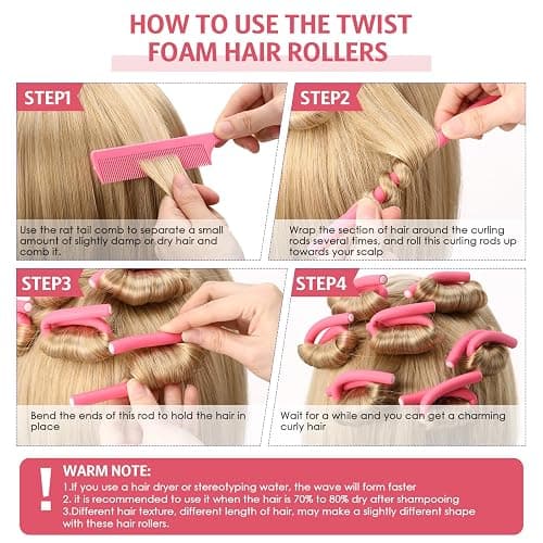 Syhood 30 Pieces Flexible Curling Rods Twist Hair Rollers Soft Foam Rods No Heat and 1 Pcs Steel Rat Tail Comb for Women Long and Short Hair(7 x 0.3 Inch,Pink) thumbnail 3