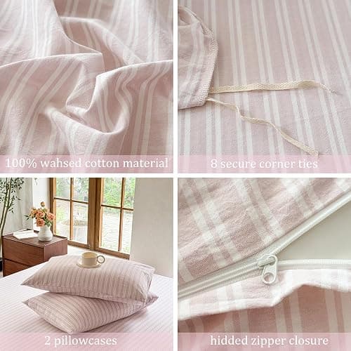 BESTDESIL Striped Duvet Cover Set,100% Washed Cotton Linen Like Comforter Cover,Breathable,Durable,Comfy(Strip-Greyish Pink/White,Queen Size) thumbnail 5