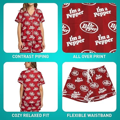 Bioworld Dr. Pepper Classic Logo All-Over Print Women’s Notch Collar Button-Down Shirt and Shorts Sleepwear Set thumbnail 4