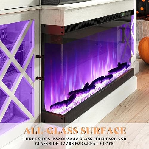 AMERLIFE Farmhouse LED Fireplace TV Stand with 3-Sided Glass Fireplace, 70" Large Entertainment Center for TVs up to 80", Rustic TV Console with Glass Door Storage for Living Room, Barnwood+White thumbnail 7