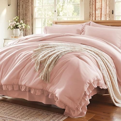 Anluoer Full Comforter Set 7 Piece, Pink Bed in a Bag with Shams, All Season Ruffle Shabby Chic Bedding Sets with 1 Comforter, 2 Pillow Shams, 2 Pillowcases, 1 Flat Sheet thumbnail 3