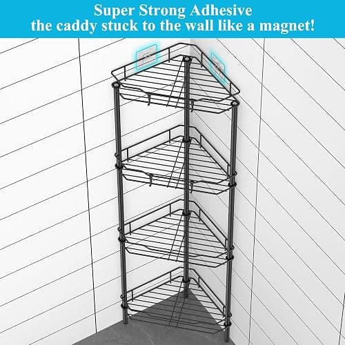 HuggieGems 4 Tier Floor Standing Corner Shower Caddy Organizer Shelf with Hooks, Bathroom Shelves Stand Rack, Black thumbnail 3