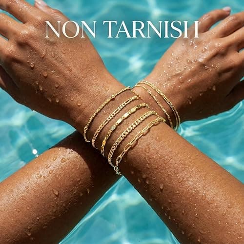 Gokeey Gold Bracelets Set for Women Non Tarnish Trendy,14K Gold Plated Dainty Stackable Paperclip Cuban Link Chain Bracelets, Simple Cute Cuff Bracelets Jewelry Set Adjustable 7"+2" thumbnail 7