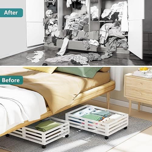 Bamboo Under Bed Storage Containers- Underbed Organizer with Wheels with Large Capacity Dust Bag,Sturdy Wood Rolling Under Bed Shoe Storage Organizer 2 Packs (White, 2 Packs (23.62"×16.54")) thumbnail 6