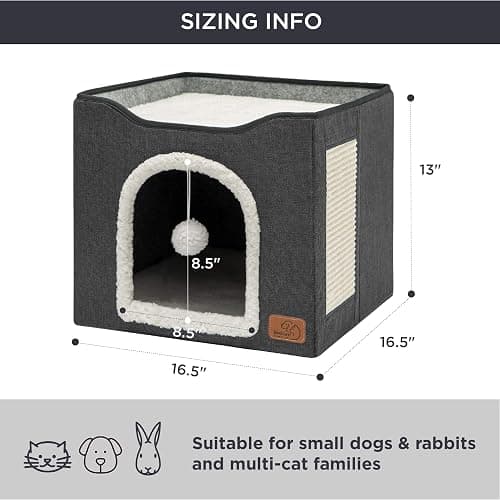 Bedsure Cat Beds for Indoor Cats - Large Cat Cave for Pet Cat House with Fluffy Ball Hanging and Scratch Pad, Foldable Cat Hideaway, 16.5x16.5x13 inches, Dark Grey thumbnail 6
