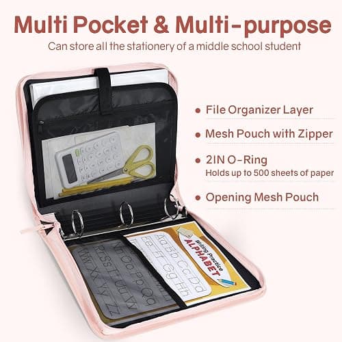 SUNEE Zippered Binder Bag with Handle, 2-Inch 3-Ring O-Ring, 500-Sheet Capacity, Includes Zip Pocket, 5-Tab Expanding File Folder, Multi-Pocket Organizer Binder for Middle School, Pink Lotus thumbnail 4