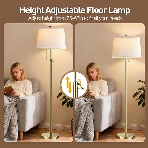 Gold Floor Lamp for Living Room, Modern Standing Lamp 55-67" Height Adjustable Brass Tall Floor Lamp with Pull Chain Switch and 3 CCT LED Blub for Living Room, Bedroom, Office & Corner Reading thumbnail 2