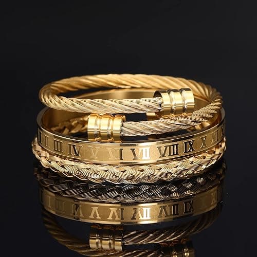 WFYOU 3PCS Stainless Steel Bracelets for Men Gold Roman Numeral Bangle Bracelet Twisted Cable Bracelet Adjustable Cuff Bracelet Mens Luxury Jewelry Bracelets Gifts thumbnail 8