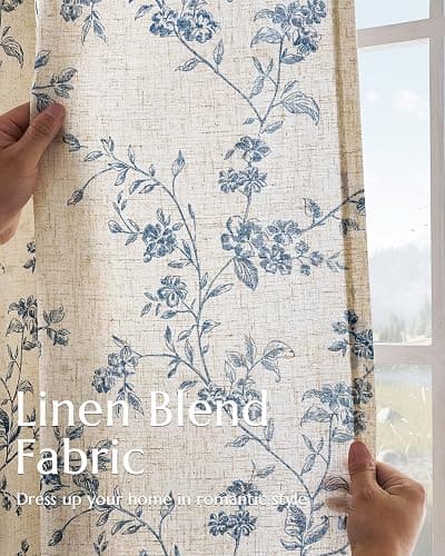 jinchan Linen Floral Curtains for Living Room 84 Inch Length Blue Printed Curtains Back Tab French Country Farmhouse Flower Patterned Drapes Bedroom Window Curtain Set 2 Panels thumbnail 4