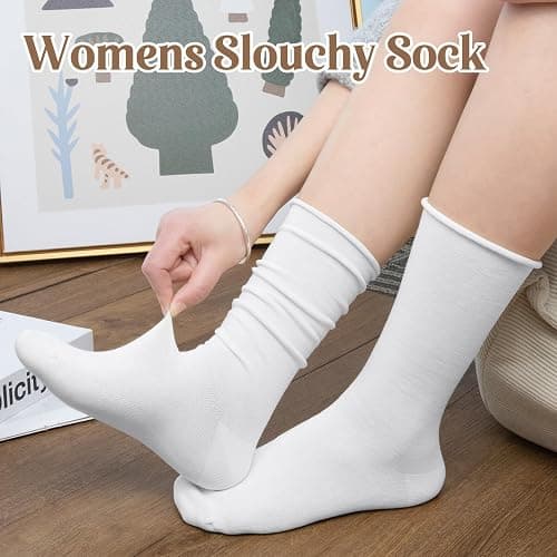 Chalier 5 Pairs Slouchy Socks for Women, Crew Cotton Socks with Cute Roll Top Casual Calf Long Sock thumbnail 7
