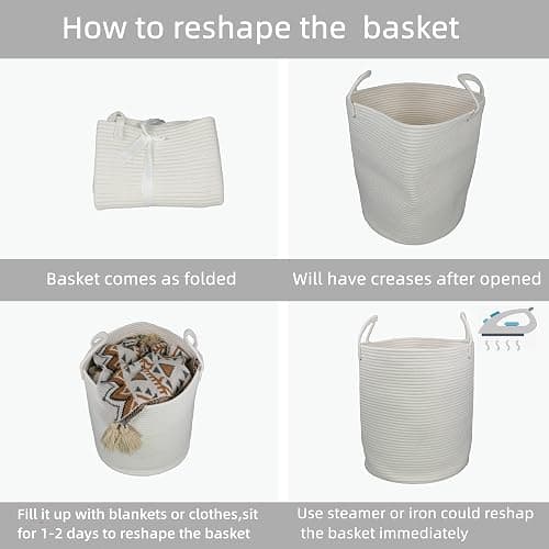 XUANGUO Cotton Rope Laundry Basket Hamper for Clothes Decorative Woven Storage Basket for Living Room Bedroom Boho Tall Rope Baskets for Blanket Toys Baby Nursery Hamper Bin Large white thumbnail 6