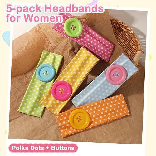 Weazppre Polka Dot Head Bands for Women, Wide Stretchy Cloth Headbands with Big Buttons,5-Pack Cute Hair Accessories Gifts for Daily Wear, Cosplay, Party and Retro Style (Bright, candy-colored) thumbnail 7