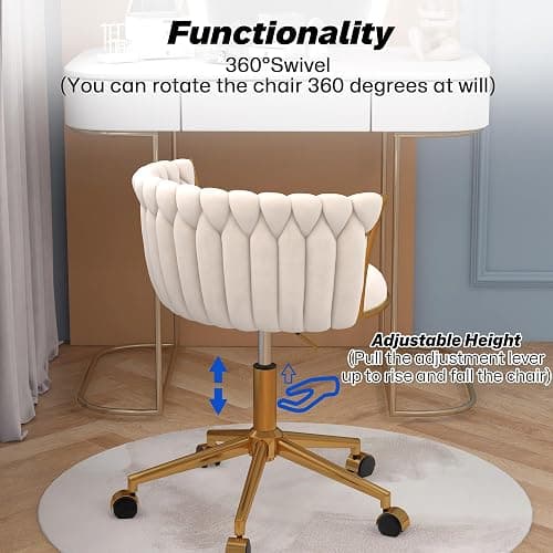 HENGJIANYI Velvet Woven Home Office Chair, Modern Swivel Desk Chair with Wheels, Height Adjustable Vanity Chair with Gold Metal Base and Hand Weaving Back, Beige thumbnail 6