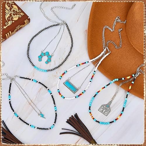 Huquary 8 Pcs Western Necklaces Western Jewelry for Women Turquoise 4 Turquoise Boho Necklaces and 4 Beaded Choker for Christmas thumbnail 3