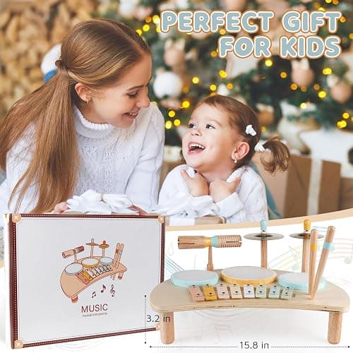 Kids Drum Set Montessori Musical Instruments for Toddlers 1-3, Wooden Baby Drum Kit with Xylophone, Preschool Music Toys for Early Learning, Educational Birthday Gift for Boys Girls (Multicolored) thumbnail 7