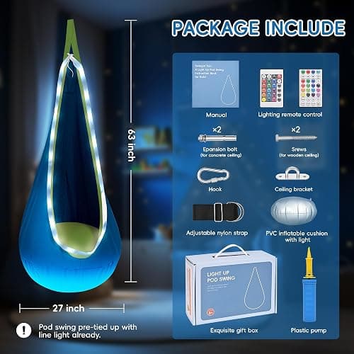 Light Up Pod Swing for Kids Offers Adjustable Effects, Sensory Swing Ideal for Indoor and Outdoor Use. Kids Hammock Easy to Install.(Blue) thumbnail 6