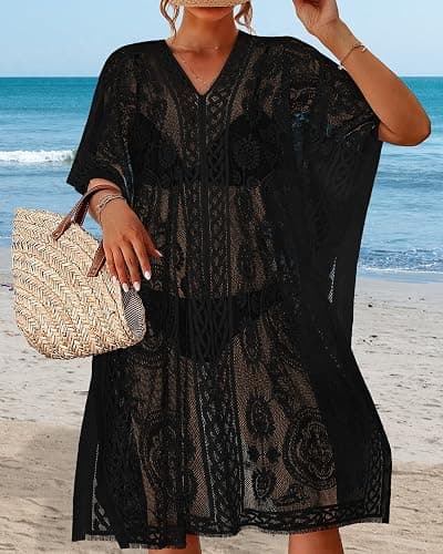 Womens Lace Bathing Suit Cover Up V Neck Beach Coverup Summer Swim Coverups Loose Bikini Beach Dress 2026 thumbnail 2