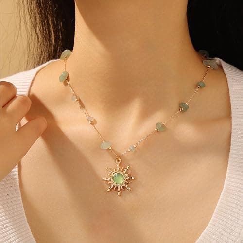 18K Gold Plated Necklace for Women Adjustable Link Gold Chain with Crystal Sun Pendant Necklace Summer Jewelry Purple & Green Stone Crystal Choker Healing Non Tarnish Birthday Gifts Trendy Jewelry thumbnail 2