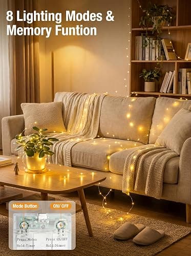 btfarm 4 Pack Fairy Lights Battery Operated with Timer, 16FT 50LED Twinkle String Lights Battery Powered 8 Modes Dimmable, Wire Mini Light Waterproof for Indoor Bedroom Wedding Christmas, Warm White thumbnail 4