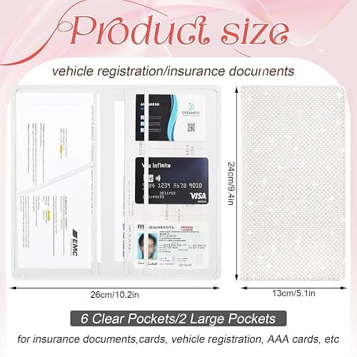 Honeydak Bling Pearl Car Registration Insurance Holder for Women, White | Sparkly Rhinestone with Card Slots, Vehicle Document Organizer, Insurance License Storage, Elegant Gift for Girls Drivers thumbnail 3