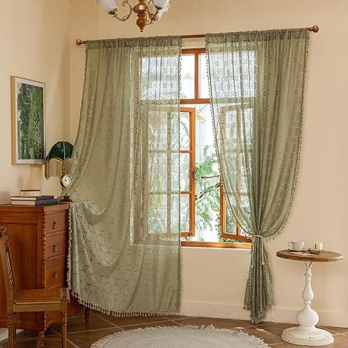 YJ YANJUN Boho Lace Curtains 84 Inches Long, Vintage Crochet Doily Pattern, Spring Sage Green Sheer Curtains for Living Room Bedroom Nursery, Farmhouse & Cottage Chic Style, W59 x L84-2 Panels - Image 1
