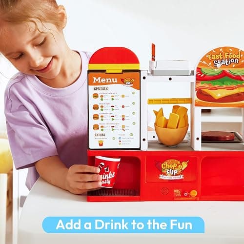 Play Kitchen Toddler Toy - 40+ PCS Fast Food Station with Potato Cutter, Simulated Frying Effect & Lights, Order & Drink Station - Pretend Play Food Toy Birthday Gift for Boys Girls thumbnail 2