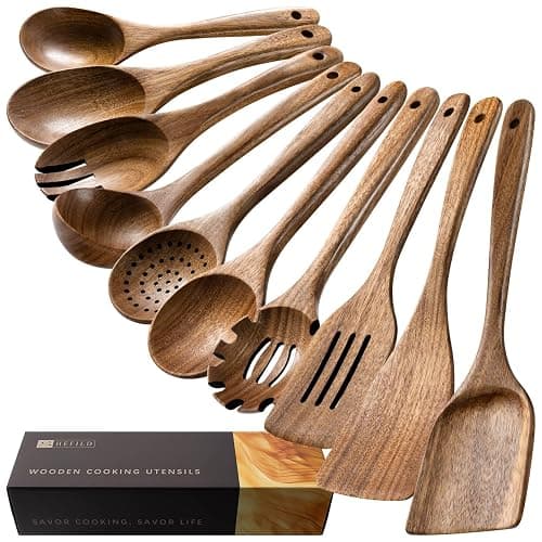 Hefild Wooden Spoons for Cooking, Nonstick Cooking Utensil Set with 10 Piece Acacia Wooden Spatulas and Spoons for Cooking, Terrific for Everyday Kitchen Tasks - Image 1