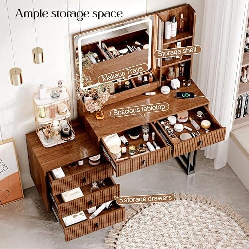 Large Vanity Desk with 3 Color Touch Screen Dimming Mirror, Vanity Desk with Charging Station, Modern Retractable Makeup Dressing Table, Makeup Table With storage shelves and 5 Sliding Drawers, Walnut thumbnail 3