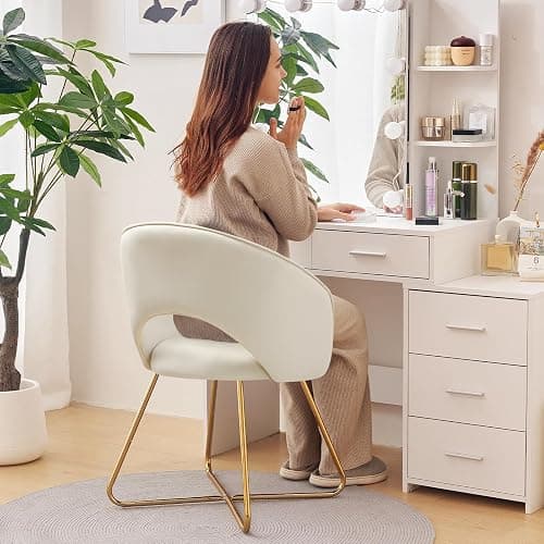 Furniliving Velvet Vanity Chair with Curved Back, Upholstered Barrel Desk Chair with Gold Legs, Mid Century Modern Accent Chair for Living Room, Dressing Room, Bedroom, Khaki thumbnail 6