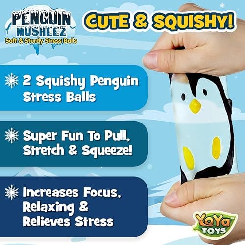 YoYa Toys Musheez Penguin Squishy Stress Balls 2-Pack - Sensory Fidget Toy - Fun to Squeeze and Stretch - Soft Penguin Squishies Stress Relief Ball for Kids - Cute for Boys and Girls thumbnail 3
