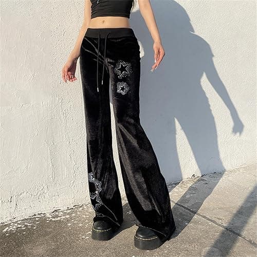 Inpunktoo Y2k Goth Velvet Bell Bottom Pants for Woman Drawstring Flared Punk Low Waisted Wide Leg Lounge Comfy Gothic thumbnail 3