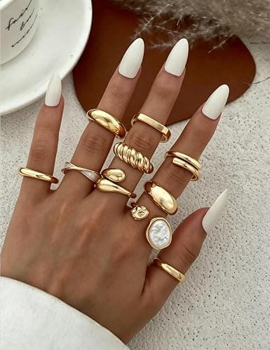 Shall Shell 15 Pcs Chunky Gold Rings for Women, Stackable Statement Rings Pack, Gold Baroque Pearl Rings Open Adjustable Stacking Knuckles Rings Set, Trendy Stuff Jewelry Gift thumbnail 6