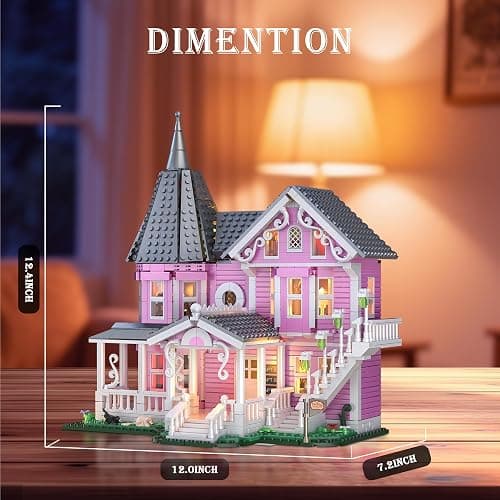 Pink Palace Apartment Building Set with Lights, 1349PCS Halloween Haunted House Blocks Compatible with Lego, Christmas Birthday Gifts for Kids & Collectors Aged 8+ thumbnail 3