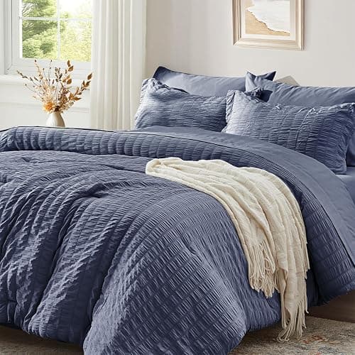 Zzlpp Queen Bedding Set 7 Pieces, Greyish Blue Seersucker, All Season Comforter Set with 1 Comforter, 2 Pillow Shams, 2 Pillowcases, 1 Flat Sheet, 1 Fitted Sheet - Image 1