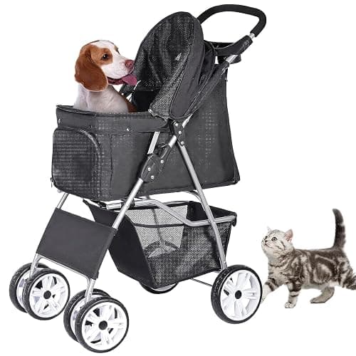 ZENY Foldable Pet Stroller, Cat/Dog Stroller with 4 Wheel, Pet Travel Carrier Strolling Cart with Storage Basket, Cup Holder (Black) - Image 1