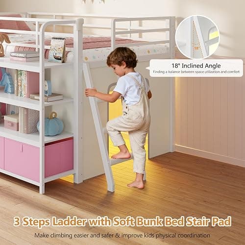 DICTAC Low Loft Bed with Desk and 6 Storage Drawers Twin Loft Bed with Bookshelf,LED Lights & Under-Bed Play Space,Kids Twin Beds with 13.8''H Safety Guardrail,Inclined Ladder&Play Curtain,Pink+White thumbnail 9