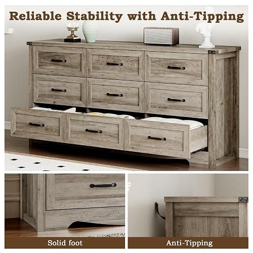 BORNOON 9-Drawer Dresser for Bedroom, Modern Wooden Chest of Drawers with Metal Handles, Anti-Tipping Design, Sturdy and Stable Storage Organizer for Living Room, Entryway, Home Office thumbnail 6