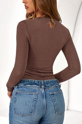 PRETTYGARDEN Womens Tops 2025 Fall Long Sleeve Fitted T Shirts Waffle Ruched Crop Shirt Basic Knit Workout Y2k Clothes thumbnail 3