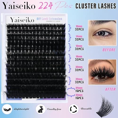 Yaiseiko Fluffy Lash Clusters 300D Thick Long 12-25mm Volume Cluster Eyelash Extensions 224Pcs Wispy Individual Lashes D Curl Waterproof Eyelash Clusters Soft False Eyelashes DIY at Home thumbnail 3