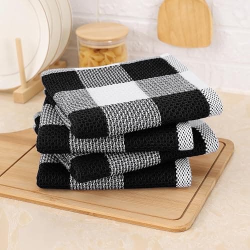 Mordimy 100% Cotton Waffle Weave Kitchen Towels, 13 x 28 Inches, Super Soft and Absorbent Buffalo Check Dish Towels for Drying Dishes, 4-Pack, Black & White thumbnail 8