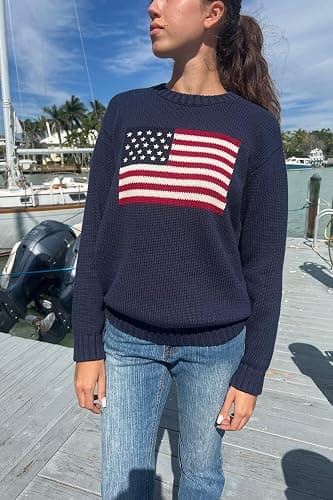 Adoeren Women American Flag Sweater Vintage Long Sleeve Crewneck Knitted Jumper Oversized Aesthetic Knit Pullover Top thumbnail 3