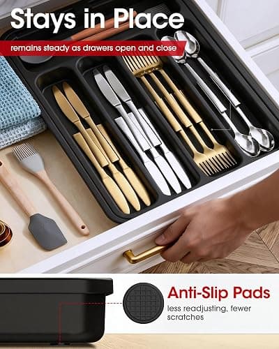 Aujen Silverware Organizer - Expandable Kitchen Drawer Organizer, Adjustable Utensil Organizer, Cutlery Tray for Forks, Knives, Multipurpose Kitchen Organizers and Storage Solution, Black, Medium thumbnail 7