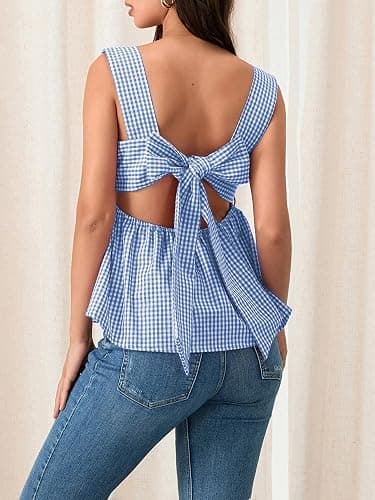 Amiblvowa Women Gingham Peplum Tank Square Neck Babydoll Tops Y2K Cute Bow Tie Back Sleeveless Vest Shirt Going Out Top thumbnail 4